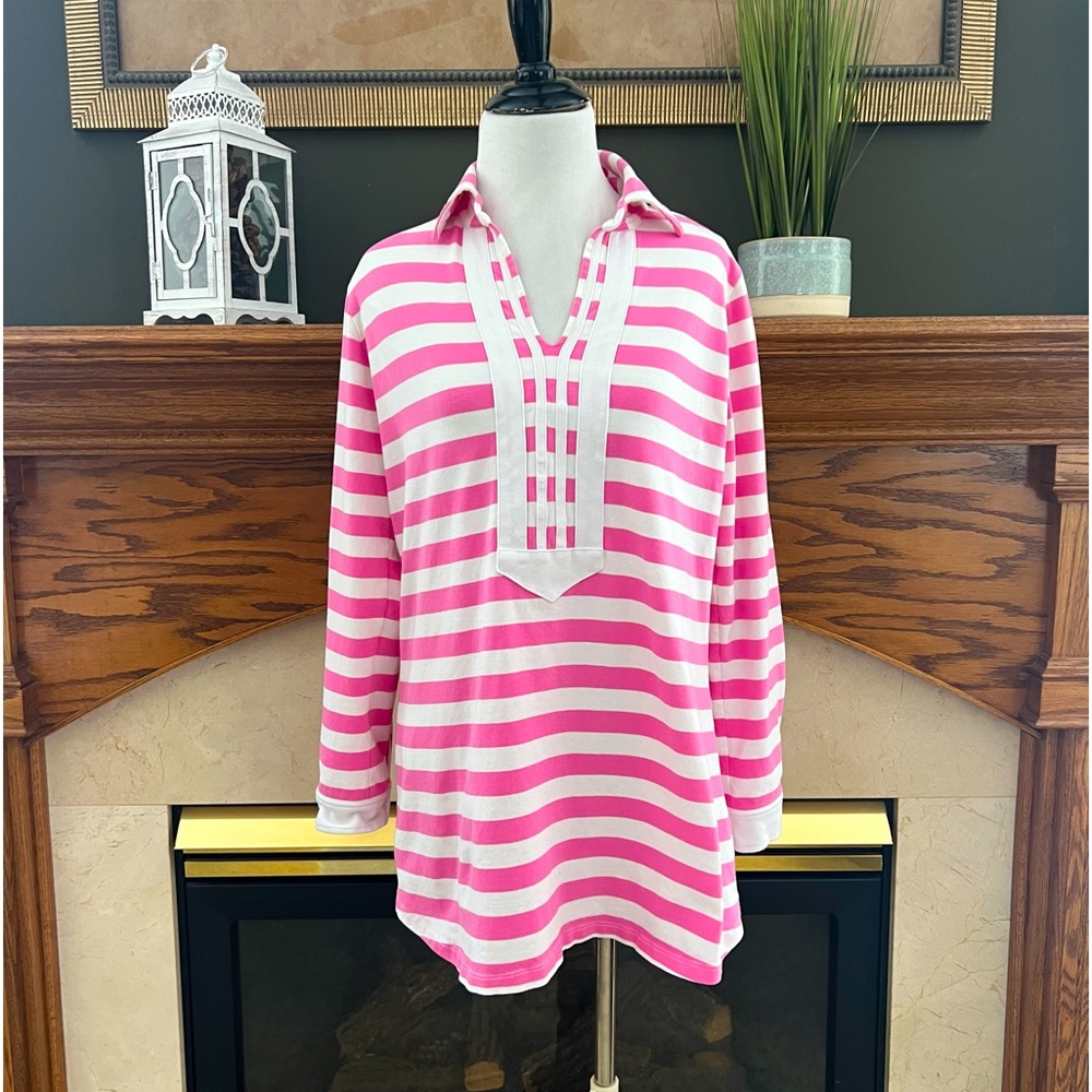 Duffield Lane Women's Pink and White Benton Stripe Pullover Top Sz. M
